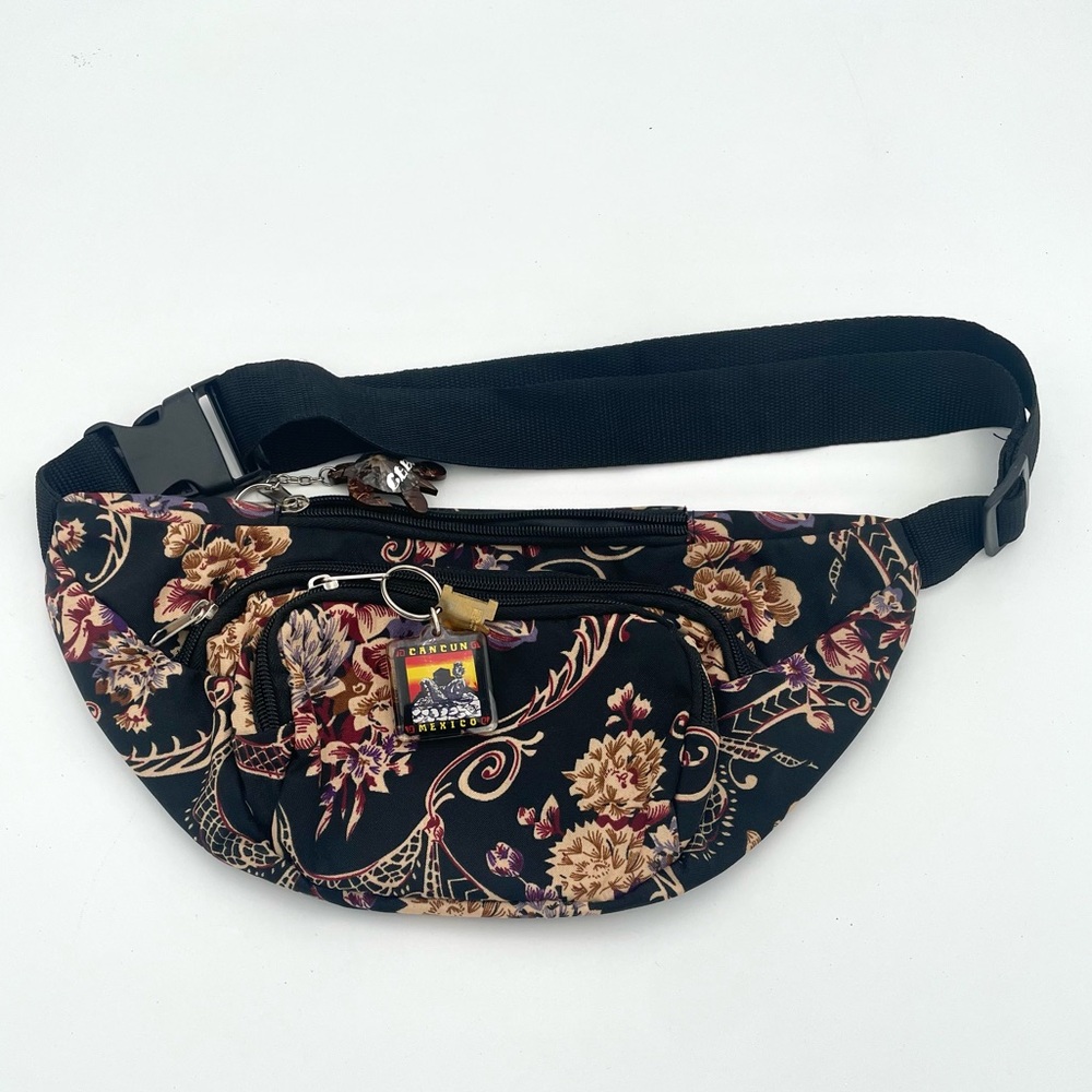 Black Fanny Pack With Floral Design Multiple Pockets W/ Variety of Keychains